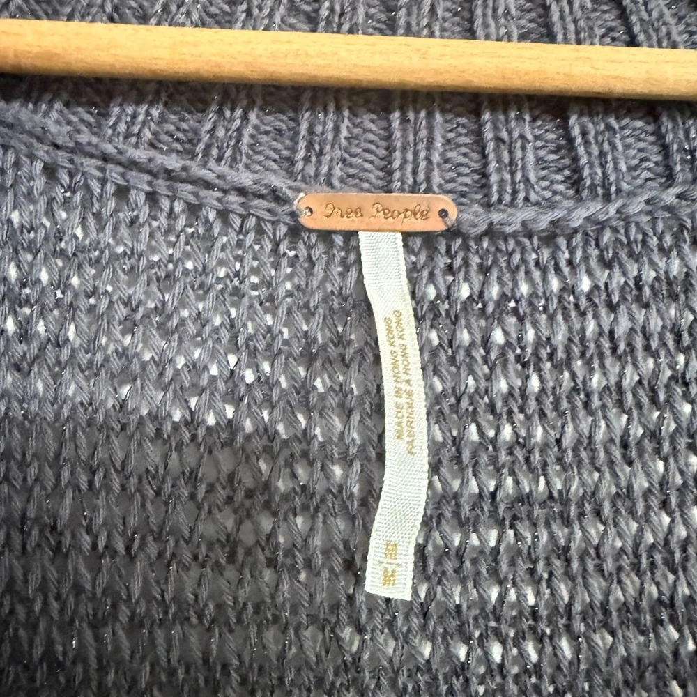 Free People Cardigan Women Medium Gray Knit Short Puff Sleeve One-Button Sweater - Picture 4 of 6